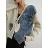 2025 Autumn New Women Sweaters Short Jacket Patchwork Wadded Coat Cardigan Knitting Pockets Fake Two-Piece Sweater