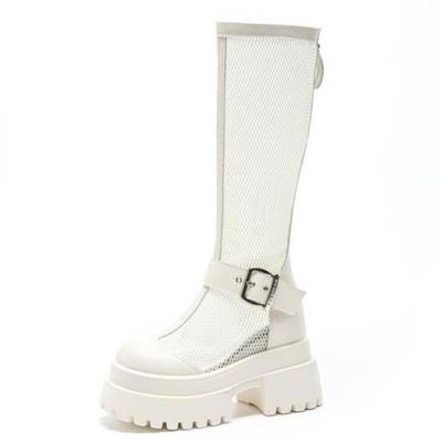 Модные 10 см Ботинки-чулки из лакированной кожи и сетки, Летние мотоциклетные сандалии с полым голенищем до колена, Женская модная повседневная обувь