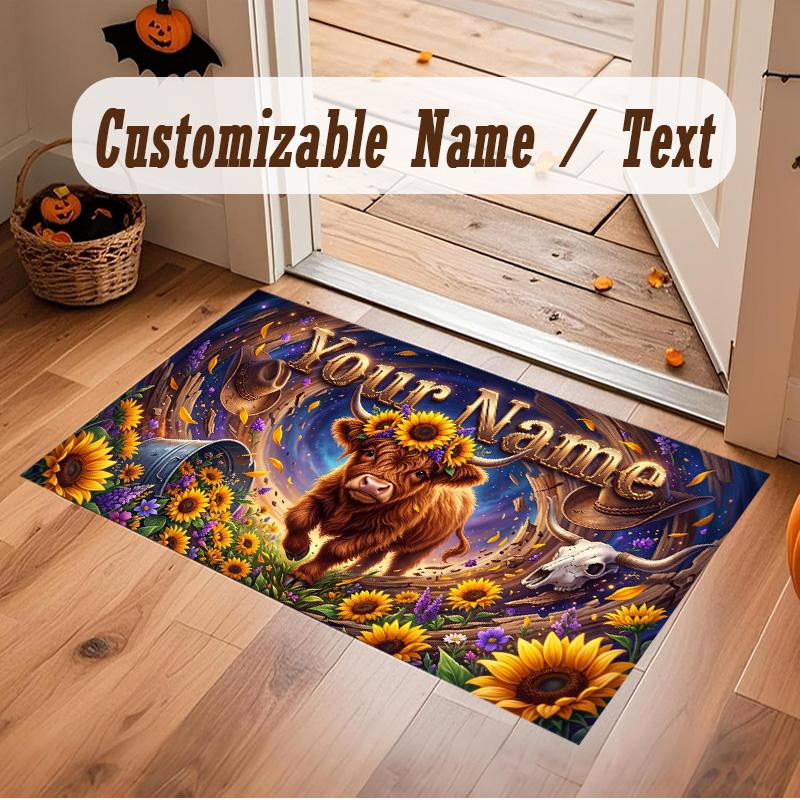 Highland Cow Theme Soft Crystal Velvet Rug Custom Name & Text Print Non Slip Floor Rug for Bedroom Living Room