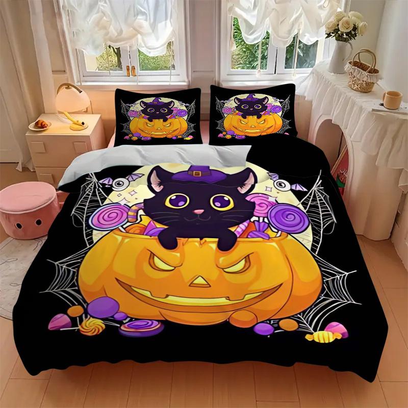 3 шт. Мультяшный набор постельного белья "Кошка и Тыква Trick or Treat", Включая 1 пододеяльник и 2 наволочки, Без наполнителя, Мягкая и удобная домашняя кровать