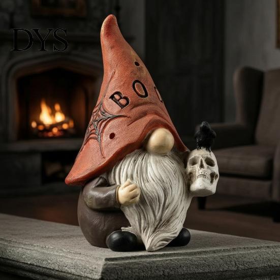 Unique Holiday Shelf Decor Halloween Gnome Statue, EEK BOO Resin Elf Dwarf Figurine with Pumpkin Creative Indoor Party Tabletop Crow Skull,