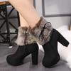 Women Boots Female Thick with High Heel Fur Rhinestone Women's Boots Snow Boots Lady High Heels