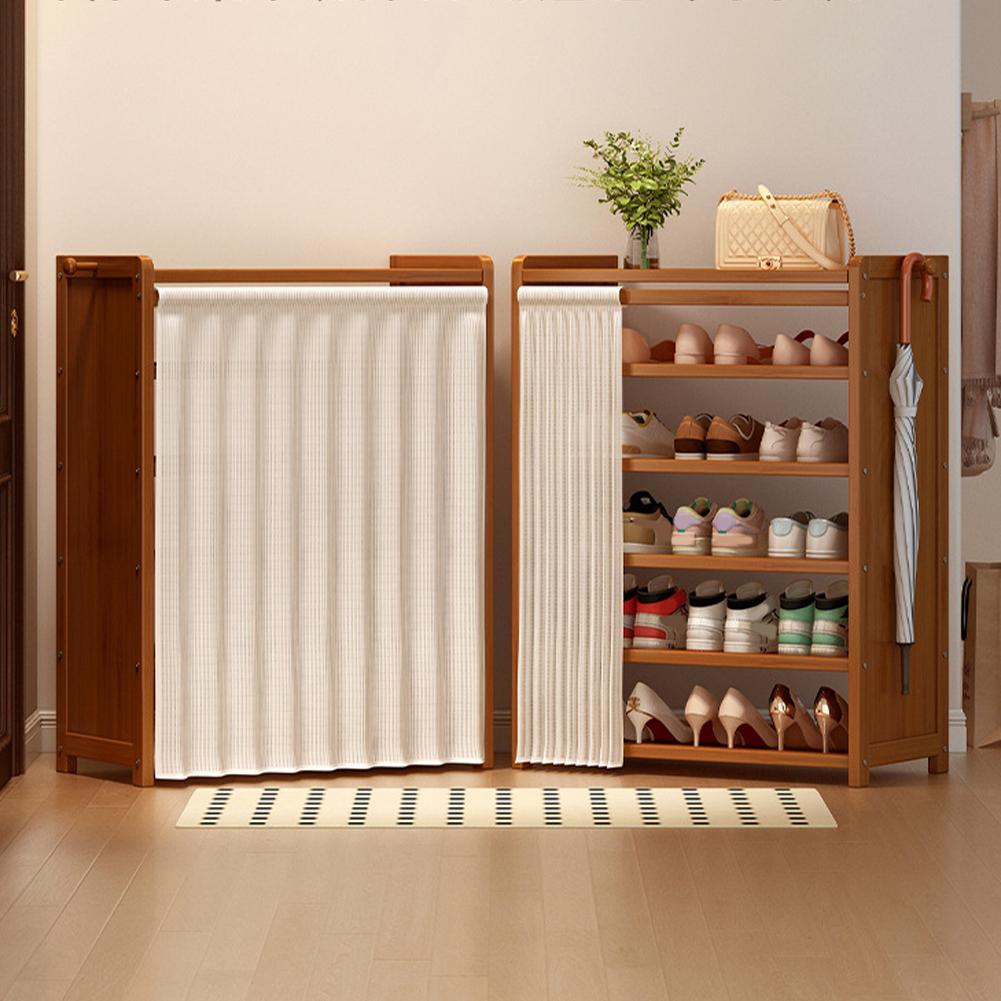6-Tier Simple Shoes Cabinet with White Gauze Curtain Wooden Shoes Racks Organizer Dustproof Racks Multilayer Shoe Shelves