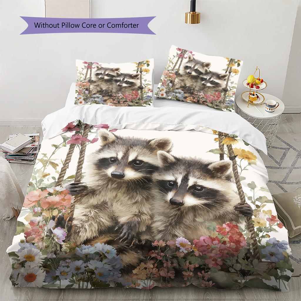 Raccoon and Flowers Pattern Bedding Home Decoration Birthday Gift (1 * duvet cover + 2 * pillowcase, without core)