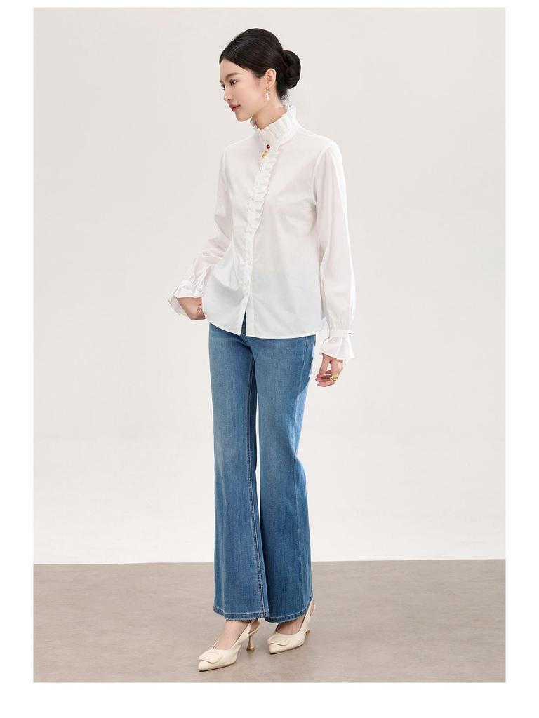 Women's Pure Cotton French Ruffle Trim Shirt - Spring Top with Micro Flare Long Sleeves