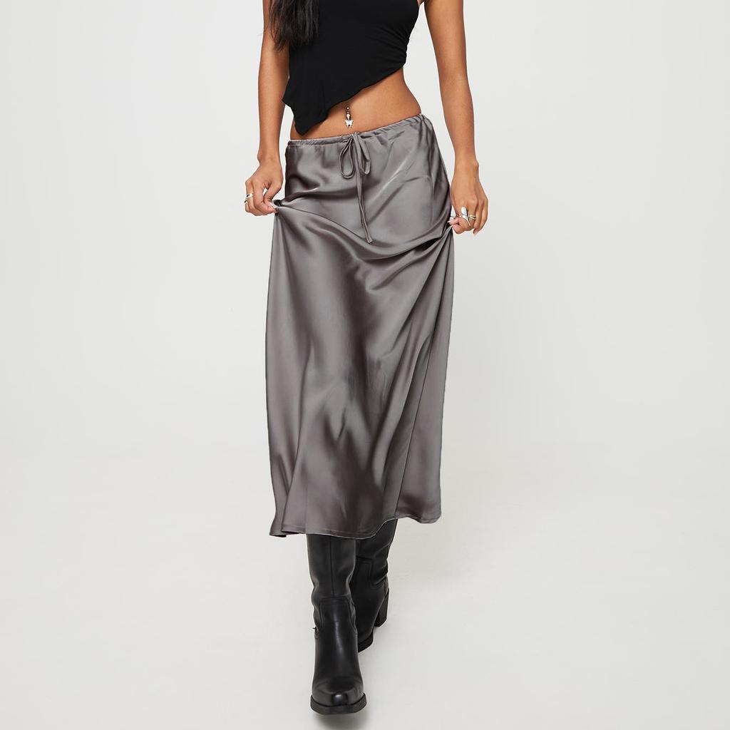 A Line Long Satin Skirts for Women Black Elegant High Waist Maxi Beige Skirts Silk Lace Up Long Skirt Women