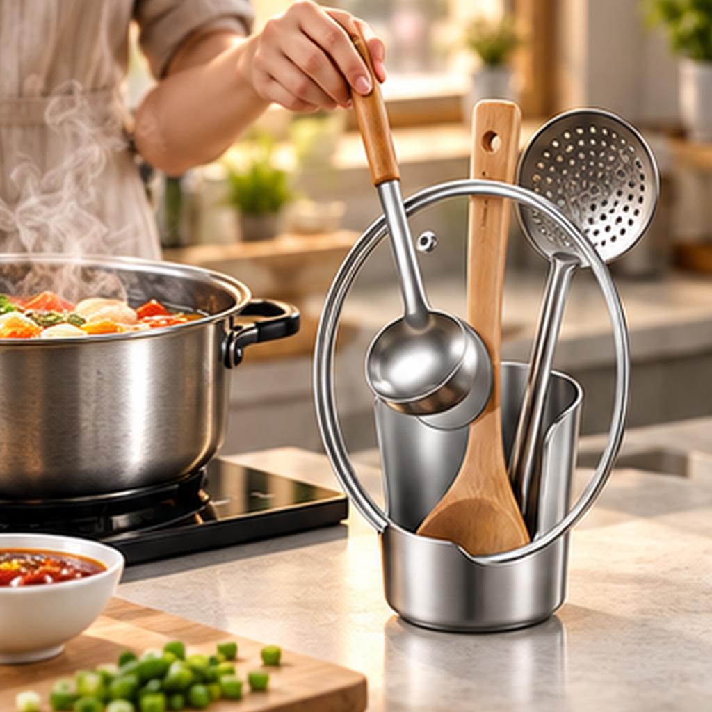 304 Stainless Steel Soup Ladle Holder with Lid Rack One-Piece Molded Vertical Utensil Stand for Kitchen Countertop Hot Pot Strainer Placement Rack