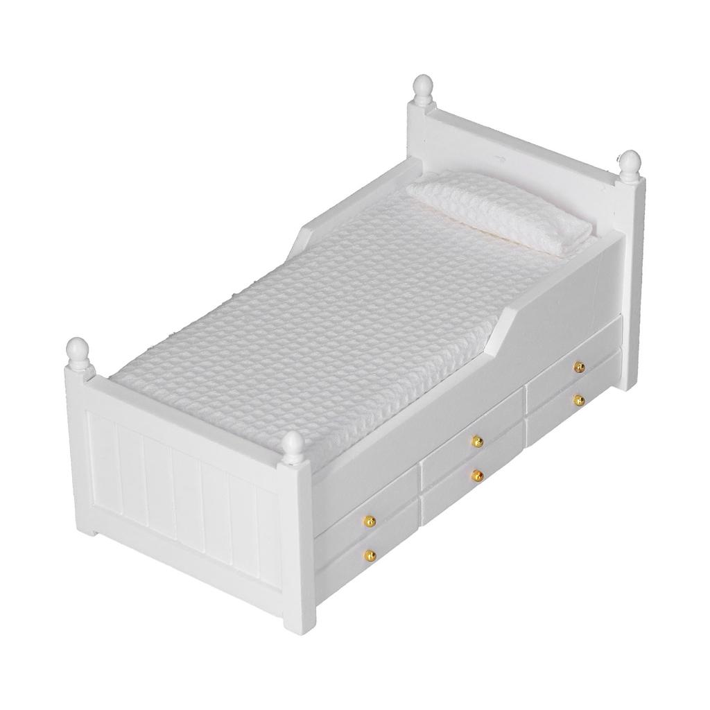1:12 Miniature Dollhouse Birch Bed Mini Furniture Doll House Decoration AccessoriesWhite