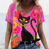 Summer Cartoon Cat Women's T Shirts Vintage Short Sleeve Tops Girls V-Neck Tees Female Clothing Oversized Pullover