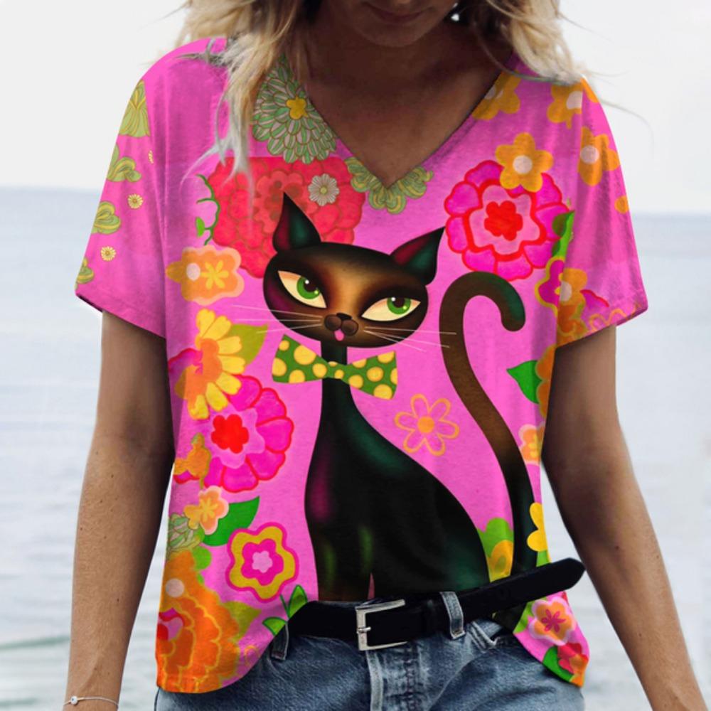 Summer Cartoon Cat Women's T Shirts Vintage Short Sleeve Tops Girls V-Neck Tees Female Clothing Oversized Pullover