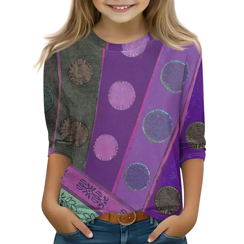 Print Tops For Youth Girls 5-16 Years Round Neck 3/4 Sleeves T-Shirts Trendy Tops Outfit Tees