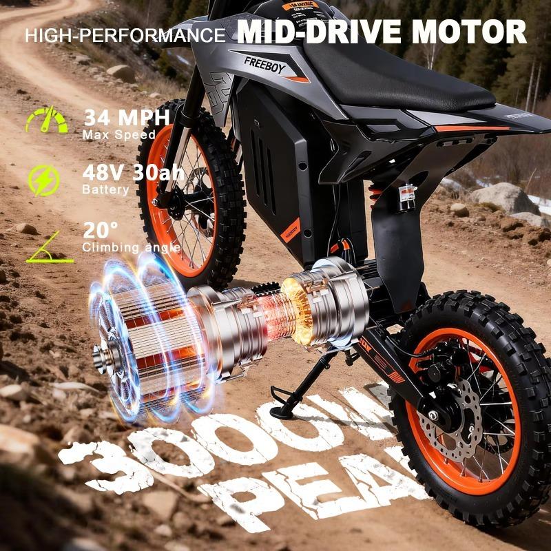 FREEBOY Y88 Electric Bike, 3000W Motor, 48V 30Ah Battery, 55KM/H, 14"/12" Fat Tires, Hydraulic Brakes