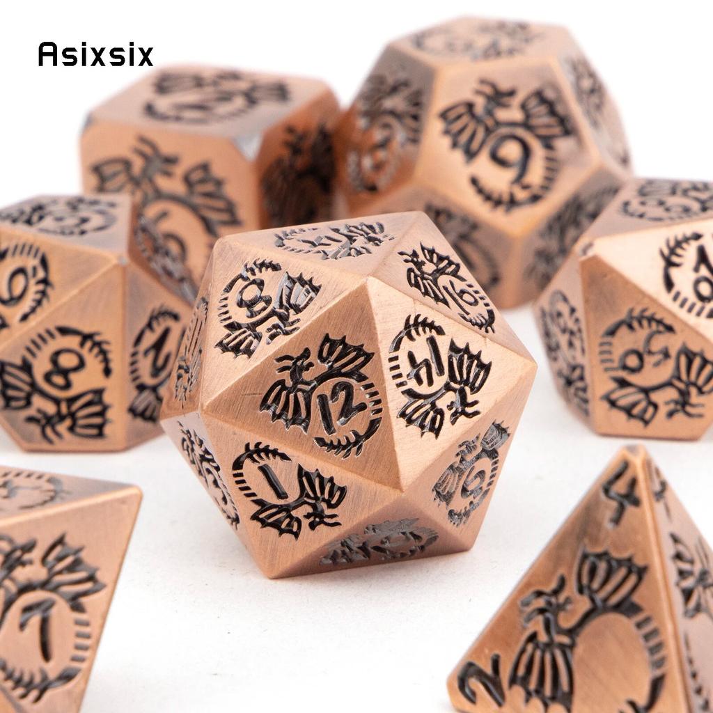 7 Pcs Copper Dragon Metal Dice Solid Metal Polyhedral Dice Set Suitable for Role-Playing RPG  Board Game Card Game