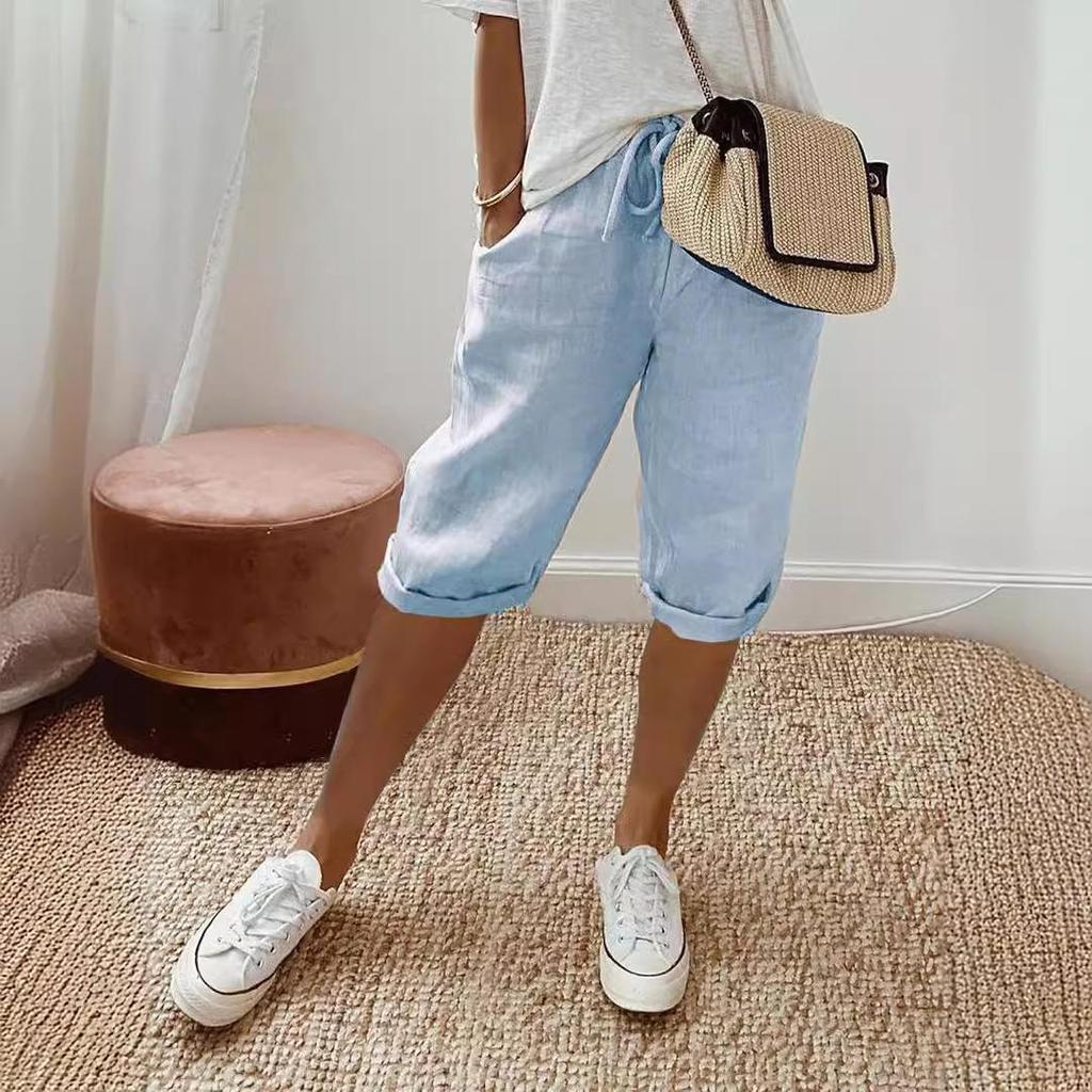 Женские повседневные брюки и шорты из хлопка и льна с эластичными карманами 2024 года