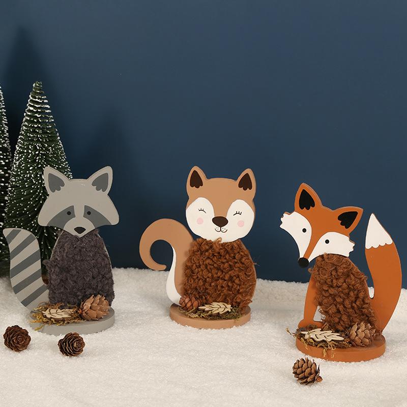 New Raccoon Fox Mini Animal Plush Wood 3D Desktop Ornament Decoration Animal Raccoon Figurines Miniatures Dropshipping