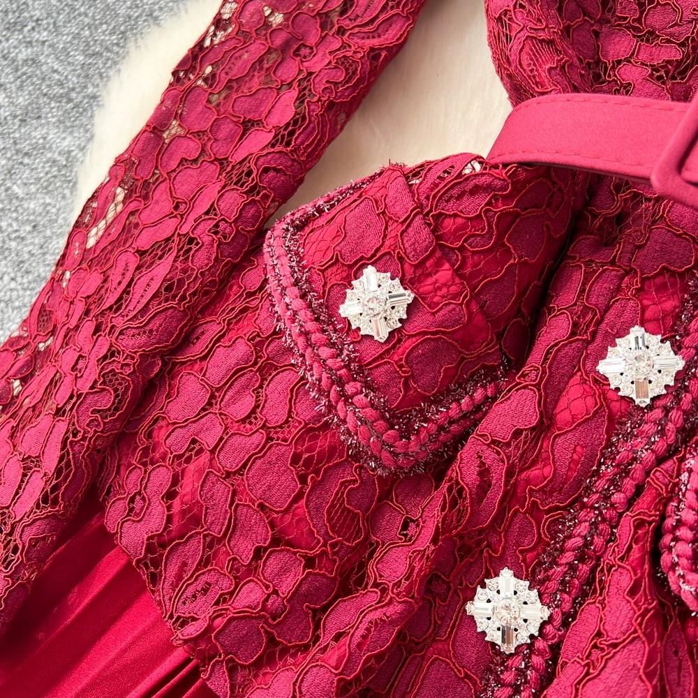 Платье высокого класса для женщин на осень, французская мода, кружевное, с длинными рукавами, пэчворк, с акцентом на талии, плиссированное длинное платье