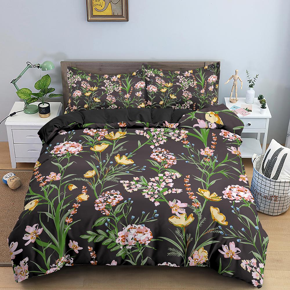 Тропические цветы King Queen Комплект постельного белья Красочный винтажный цветочный пододеяльник Зеленые листья Покрывало из полиэстера Покрывало