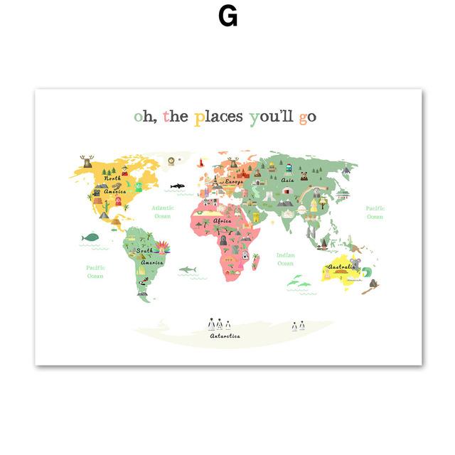 Мультяшная карта мира, алфавит, число, формы погоды, диаграмма, художественная картина на холсте, плакаты на скандинавскую тему, принты, настенные панно, декор для детской комнаты, без рамки