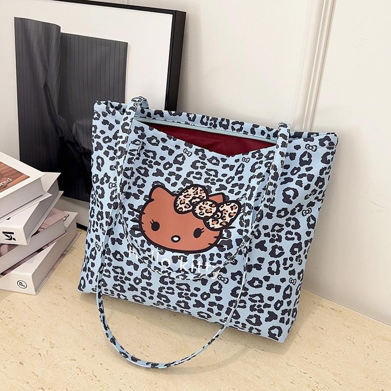 Канвасовая сумка через плечо для девочек Hello Kitty с леопардовым принтом, из дышащей легкой ткани, для школы и повседневного использования