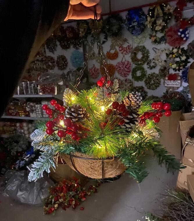 Christmas Wreath Mixed Decorations And White Led Lights Frosted Berries
