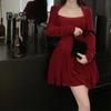 Women Dress Square Neck Pleated A-line Long Sleeves Pleated Slim Waist Velvet Mini Dress Prom Banquet Party Short Dress Fall Spring Princess Dress