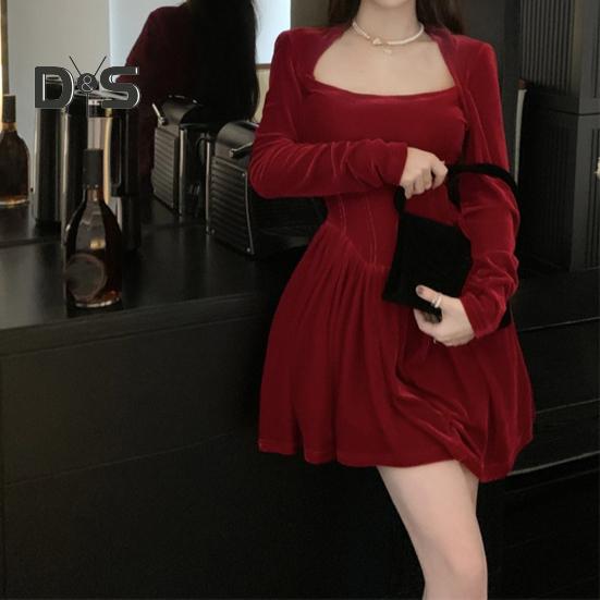 Women Dress Square Neck Pleated A-line Long Sleeves Pleated Slim Waist Velvet Mini Dress Prom Banquet Party Short Dress Fall Spring Princess Dress