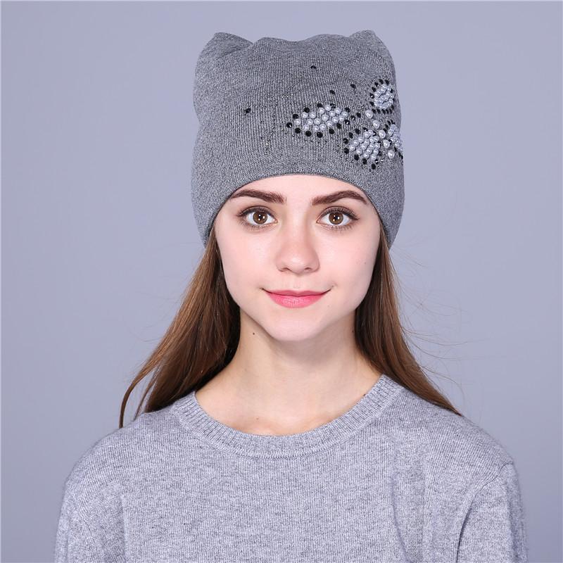 Xthree Autumn Winter Hat for Women Knitted Beanies Hat Cat Ear Stylish Cap Butterfly 2017 New Fashion Lovely Cap
