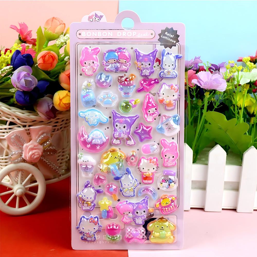 Kawaii Kuromi Cinnamoroll My Melody 3D Relief Stickers Cute Sanrio Luminous Crystal Sticker Toys Reward Decoration Decals Gifts