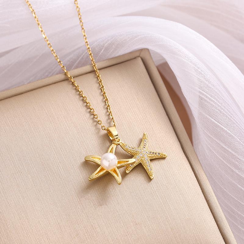 1pcs Copper Micro Set Zirconia Starfish Imitation Pearl Necklace Female Senior Sense of Light Luxury Collarbone Chain Jewelry