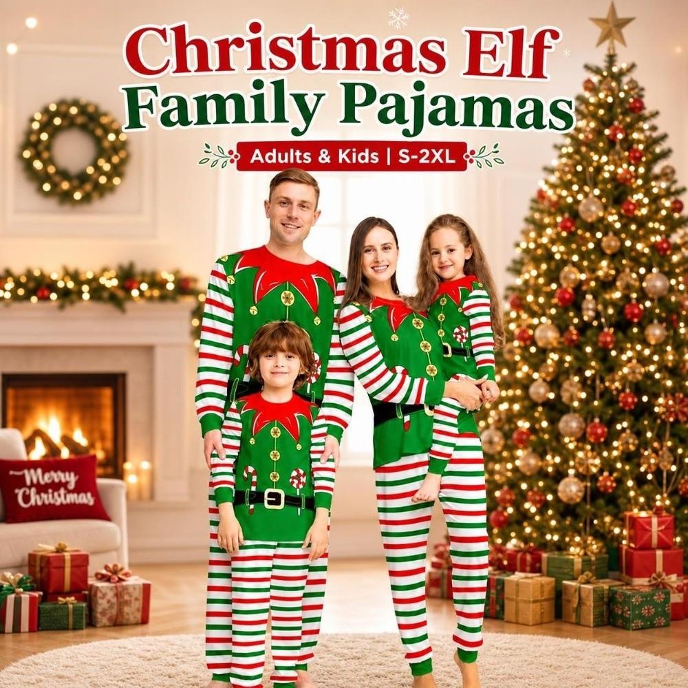 Striped Christmas Pyjamas Set Elf Xmas Sleepwear New Top+Pants Loungewear