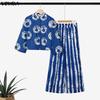 2PCS Women Stand Neck Long Sleeve Print Cropped Blouse and Pants Casual Two Piece Suit Sets