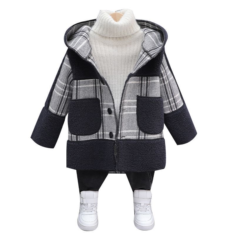 Шерстяное пальто для мальчиков с зимней флисовой клеткой, детское хлопковое пальто, повседневное шерстяное пальто для детей 6-12 лет
