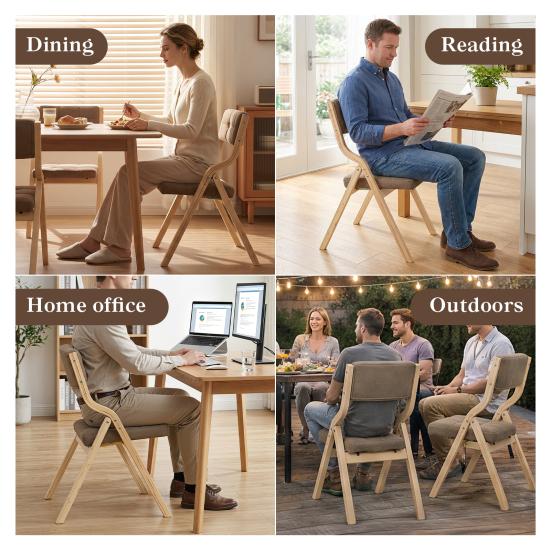 Indoor Outdoor Folding Chair 2Pcs Wooden with Thick Upholstered Cushion, Ergonomic Dining Chairs for Portable Comfort, Supports 350 lbs, Compact