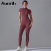 Auroth Short Sleeve Running Sports Jumpsuit Women One Piece Zipper Yoga Romper Peach Hip Workout Fitness Bodysuit