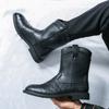 Fashion New Men Boot Trendy Outdoor Winter Platform Pointed Toe Mid Heel Motorcycle Boots Zipper Solid Color Pu Leather Rome Boots Men