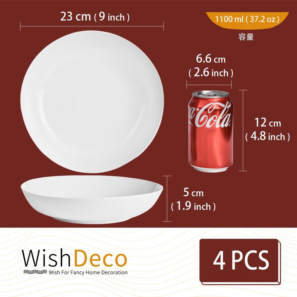 WishDeco Set of 4 Curry Pasta Large 1100 ml Salad 23 cm Microwave and Dishwasher Safe Dishes, Bowls, Dishes, Bowls, White, Diameter,