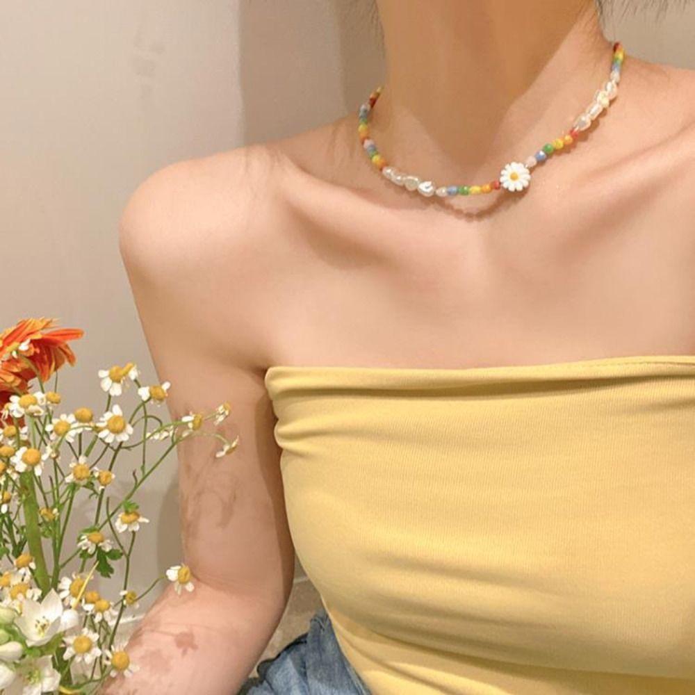 Bead Daisy Bracelet Minority Design Flower Pearls Clavicle Chain Retro Rice Bead Necklace Girl
