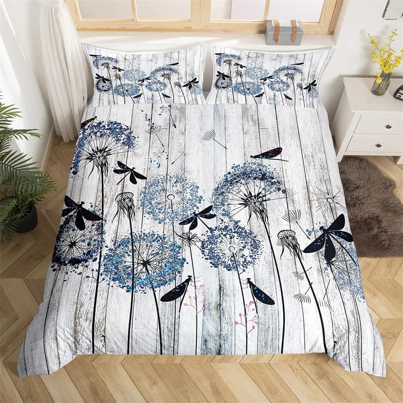 Dandelion Floral Duvet Cover King Queen Wooden Plank Farmhouse Comforter Cover Microfiber Dragonfly Botanical Weed Bedding Set