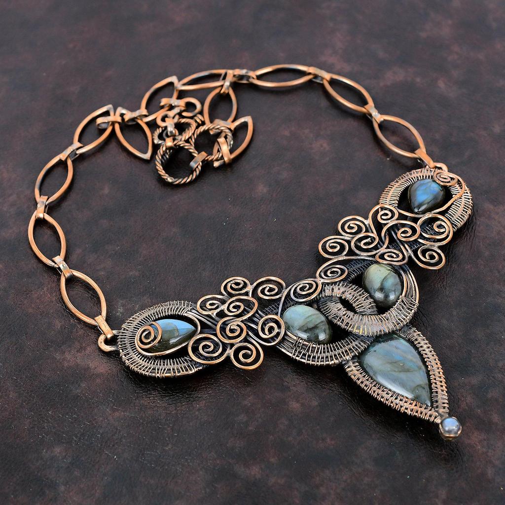 Ожерелье из драгоценного камня лабрадорита, ожерелье из медной проволоки, регулируемое ожерелье из цепочки, ожерелье ручной работы, красивые медные украшения, подарок для нее