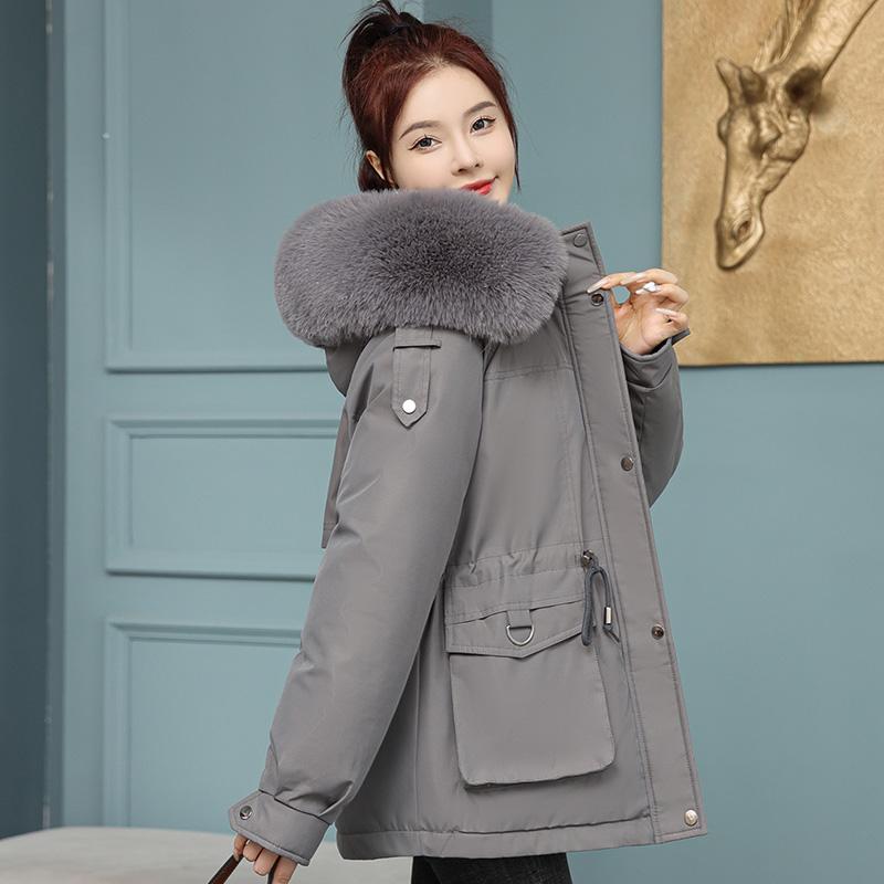 Женская осенне-зимняя однотонная теплая куртка с длинным рукавом и меховым воротником, карманное пальто
