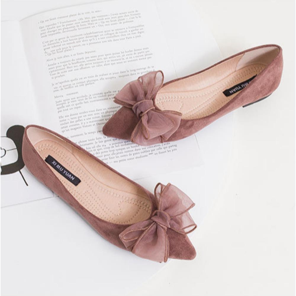 Flat Shoes for Women Spring New Shallow Bow Single Shoe Pointed Suede Flats Shoe Soft Soled Oversized Women's Shoes Ladies Pumps