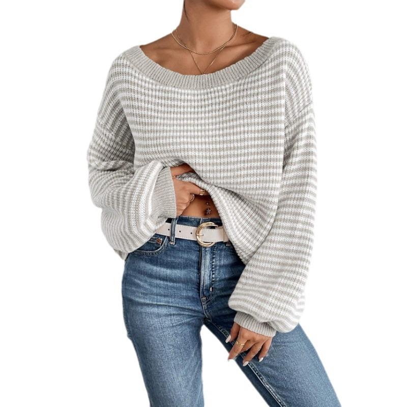 Women S Loose Fit One Shoulder Neck Striped Long Sleeve Pullover Knit Sweater