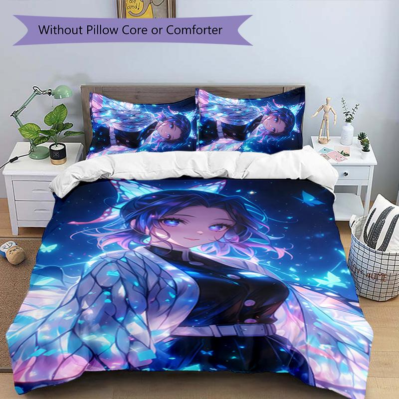 3pcs Demon Slayer Shinobu Kocho pattern bedding set duvet cover set includes duvet cover &pillowcases, perfect all season bedroom decoration & gift