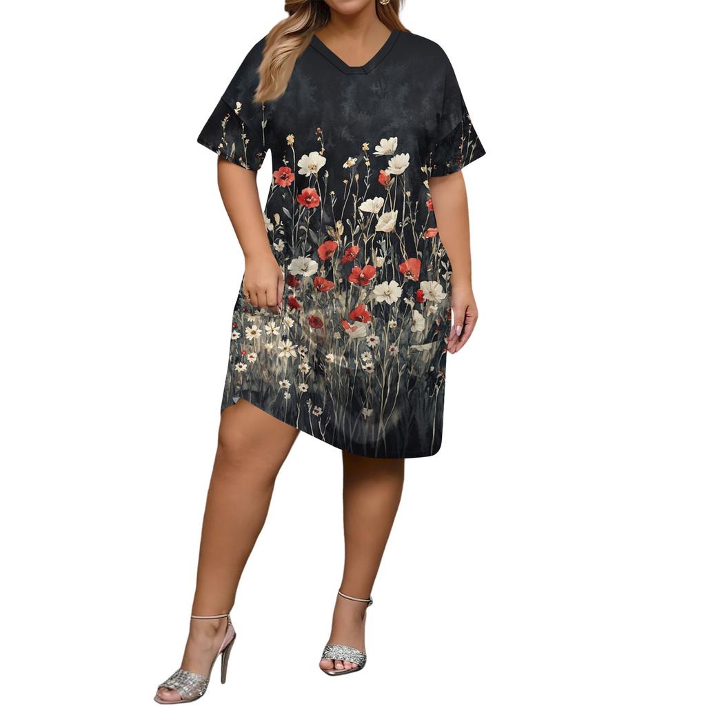 Летнее повседневное платье больших размеров с V-образным вырезом и коротким рукавом, карманом на колене для женщин