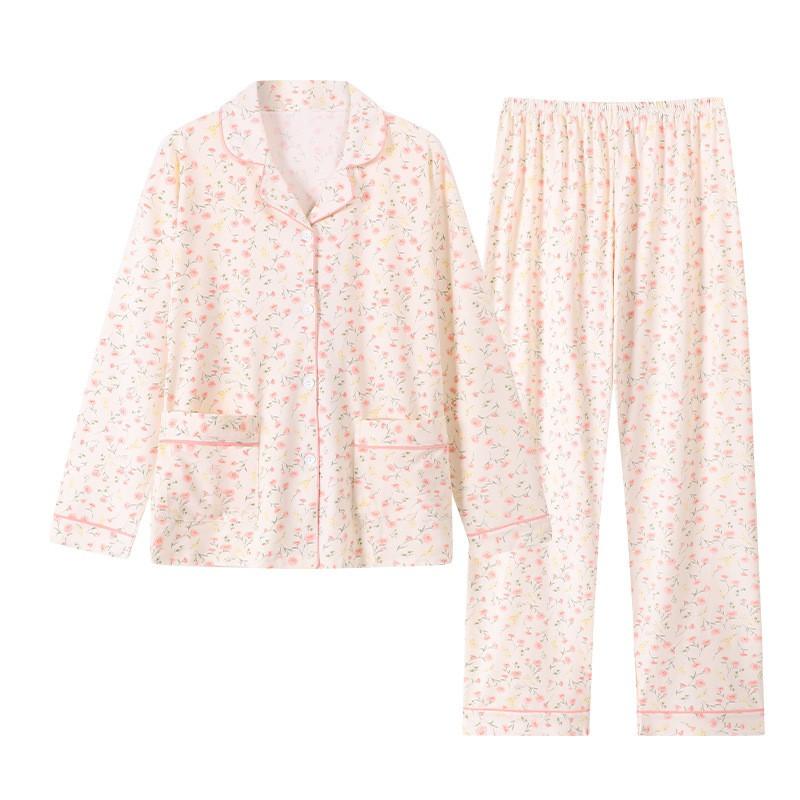 Womens Long Sleeve Pajama Set Floral Print Loungewear Soft Sleepwear Middle-aged Moms