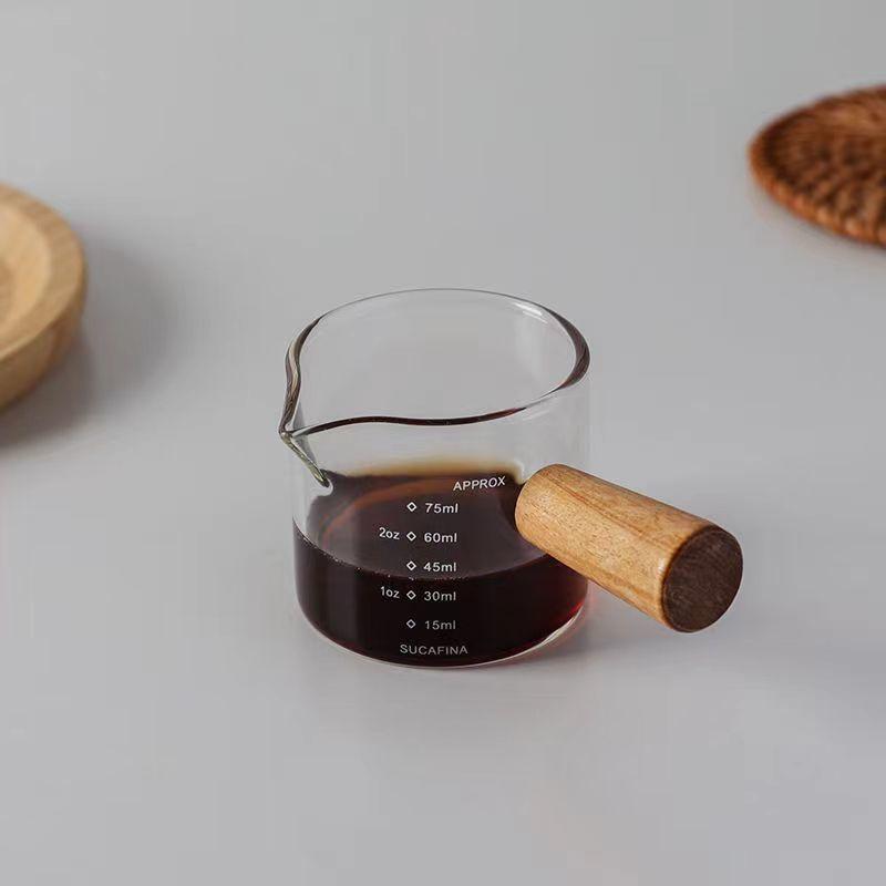 Glass Measuring Cup Wood Handle Glass Espresso Measuring Cup Single Milk Coffee Clear Jug Coffee Supplies Kitchen Measure Mug