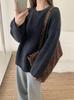 Women's Korean Style 100% Pure Wool Round Neck Pullover Sweater - Autumn/Winter Relaxed Fit with Rolled Hem