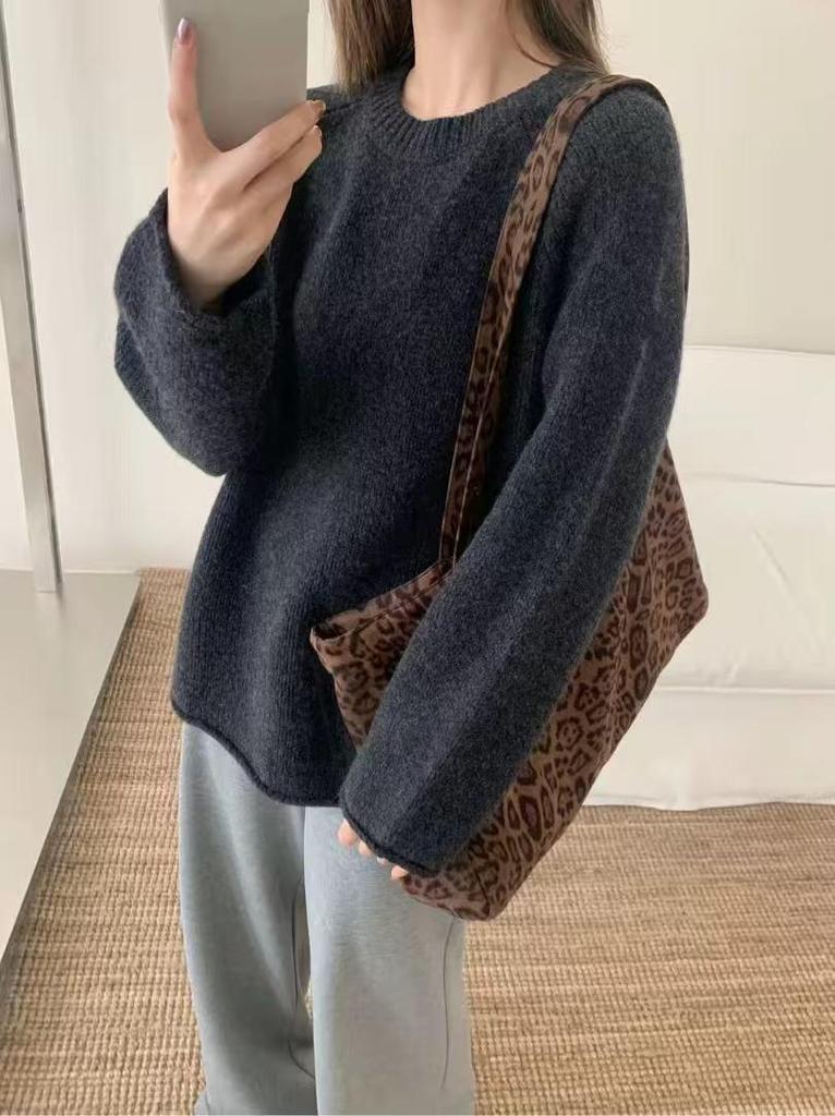 Women's Korean Style 100% Pure Wool Round Neck Pullover Sweater - Autumn/Winter Relaxed Fit with Rolled Hem
