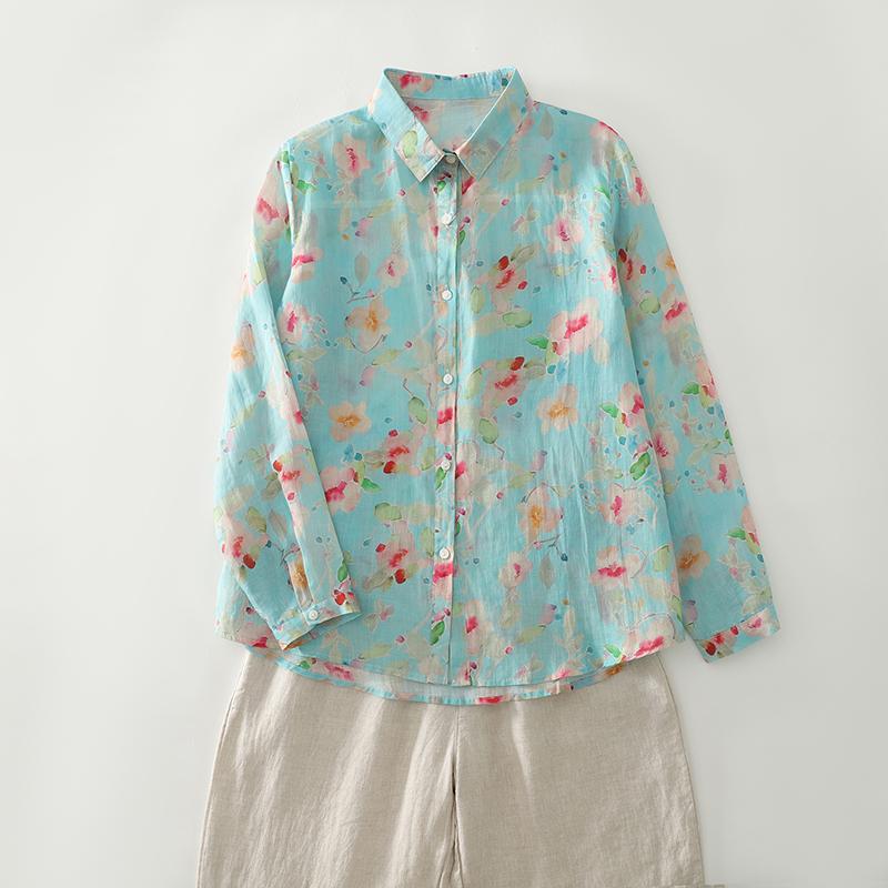 DIMANAF Новые женские топы больших размеров с цветочным принтом, рубашки, футболки, повседневная свободная блузка, осенний принт, хлопок, длинный рукав, на пуговицах