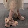 Japanese Style Thick Bottom Women's Mary Jane Shoes Spring New Elegant Pearl Bow Mid Heel Versatile Small Leather Shoes
